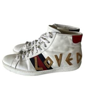 GUCCI 497101 Men's White Leather Loved Ace High Top Sneakers Size  13